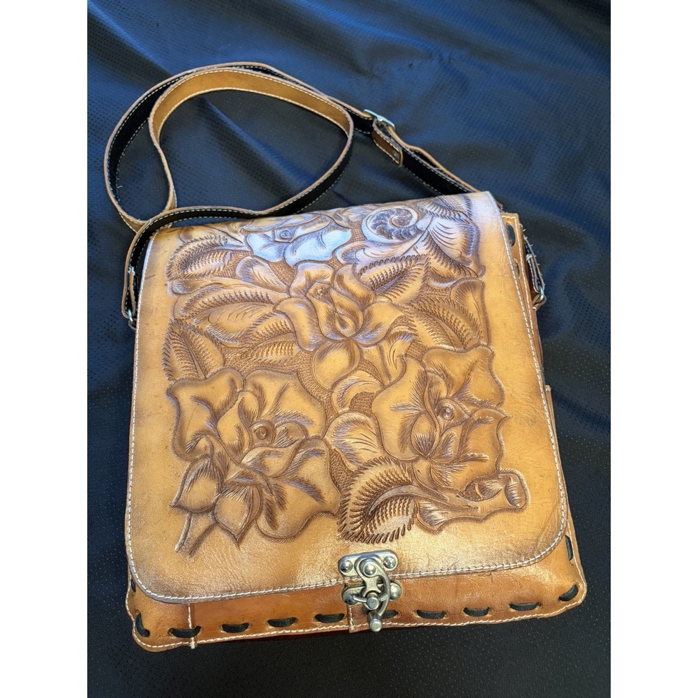 Vtg Mexican Hand Tooled Leather Crossbody Large Messenger Bag~UNISEX~Travel Work